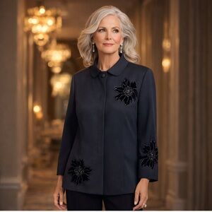 Rickie Freeman for Teri Jon Nites Deep Navy Silk Evening Jacket Sz 14 vintage